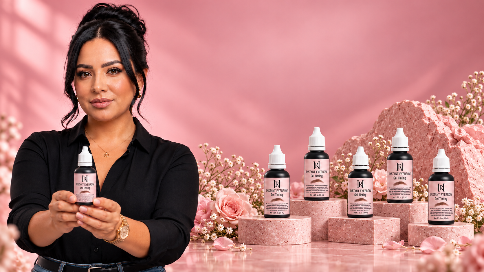 Ely presenting HennovaBrows Instant Eyebrow Gel Tint with the professional tint collection